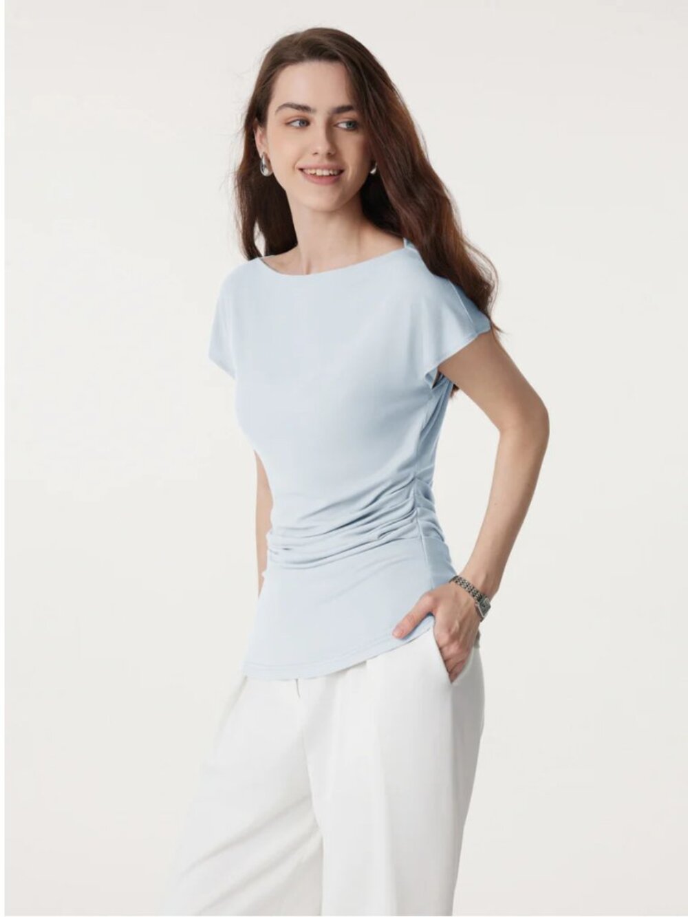 OGL Eco-SkinKiss® Boatneck Flutter Sleeve Side Tucked Long Tee